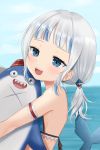  1girl :d absurdres arm_garter bangs bare_shoulders bikini bloop_(gawr_gura) blue_eyes blunt_bangs blurry blurry_background blush breasts cloud clover_(cloversoya) day fish_tail from_side gawr_gura hair_ornament half-closed_eyes highres hololive hololive_english horizon long_hair looking_afar looking_away low_twintails multicolored_hair open_mouth shark_hair_ornament shark_tail sharp_teeth sidelocks silver_hair sky small_breasts smile solo streaked_hair swimsuit symbol_commentary tail teeth twintails water 