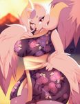  anthro blurred_background breasts clothed clothing digital_media_(artwork) female fingers hand_on_breast looking_at_viewer mienshao nintendo outside pok&eacute;mon pok&eacute;mon_(species) red_eyes skwidbone solo text video_games 