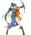  1girl archery armor arrow_(projectile) artist_request bangs beads belt boots bow bow_(weapon) breastplate brown_footwear duplicate earrings fingerless_gloves fire_emblem fire_emblem_heroes full_body fur_trim gem gloves green_eyes green_hair hair_ornament highres holding holding_bow_(weapon) holding_weapon jewelry knee_boots long_hair looking_to_the_side lyn_(fire_emblem) necklace nintendo official_art ponytail pose quiver solo standing tassel tied_hair transparent_background vambraces weapon 