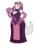  absurd_res aged_up anthro big_breasts breasts canid canine cleavage clothed clothing crown dress ear_piercing ear_ring female fox fur gloves hand_fan hand_on_hip handwear hi_res looking_at_viewer mammal mature_female nakhta piercing purple_eyes queen royalty ruff_(clothing) solo the_pirate&#039;s_fate unamused vdisco white_body white_fur wide_hips 