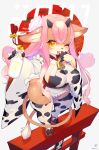  1girl animal_ears animal_print arm_up bell bottle breasts brown_eyes commentary_request cow_ears cow_girl cow_horns cow_print cow_tail detached_sleeves flower full_body furry hair_flower hair_ornament hand_to_own_mouth highres hooves horns jingle_bell kishibe large_breasts long_hair milk_bottle new_year one_eye_closed open_mouth original pink_hair sandals smile solo tail tail_around_leg thick_thighs thighhighs thighs torii very_long_hair white_legwear white_sleeves 