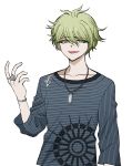  1boy absurdres ahoge amami_rantarou bangs collarbone danganronpa_(series) danganronpa_v3:_killing_harmony ear_piercing earrings eyebrows_visible_through_hair green_eyes green_hair hand_up highres horizontal_stripes jewelry long_sleeves looking_at_viewer male_focus messy_hair necklace no_(xpxz7347) open_mouth piercing shirt short_hair simple_background smile solo striped striped_shirt upper_body white_background 