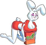  anthro big_breasts breasts cereal_box clothed clothing crossgender eyeshadow female fur general_mills head_tuft lagomorph leporid looking_at_viewer makeup mammal mascot midriff pamvllo rabbit simple_background smile solo solo_focus trix trix_rabbit tuft white_body white_fur 