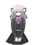  1girl alternate_costume bangs black_jacket black_skirt blunt_bangs bow bowtie braid closed_mouth commentary cowboy_shot danganronpa:_trigger_happy_havoc danganronpa_(series) eyebrows_visible_through_hair hair_ribbon highres jacket kirigiri_kyouko long_hair long_sleeves looking_at_viewer no_(xpxz7347) own_hands_together pink_bow pleated_skirt purple_eyes ribbon shirt side_braid sideways_glance simple_background skirt solo v_arms white_background 
