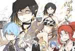  2boys 4girls angela_(lobotomy_corporation) anger_vein angry animal_print aqua_hair asymmetrical_hair bare_legs bare_shoulders bean_bag_chair binah_(lobotomy_corporation) black_choker black_hair black_suit blonde_hair blood blood_from_mouth blood_on_face bloody_clothes blue_coat blue_hair braid braided_bun breasts brooch chesed_(lobotomy_corporation) choker cleavage coat collarbone collared_shirt colored_inner_hair commentary_request cow_print crop_top crossed_legs cup earrings formal frown gebura_(lobotomy_corporation) hairband holding holding_cup jewelry kan_(aaaaari35) large_breasts laughing library_of_ruina long_coat long_hair long_sleeves looking_at_another medium_hair midriff mole mole_under_eye multicolored_hair multiple_boys multiple_girls navel neck_ribbon o-ring o-ring_top open_clothes open_coat ponytail purple_coat red_hair ribbon roland_(library_of_ruina) scar scar_across_eye scar_on_arm scar_on_cheek scar_on_face serious shaded_face shirt short_hair sidelocks simple_background snapping_fingers spitting spitting_blood stomach suit sweatdrop tied_hair tiphereth_(lobotomy_corporation) two-tone_hair v-shaped_eyebrows white_background white_shirt wide-eyed yellow_coat yellow_eyes 