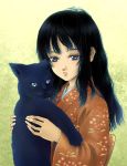  1girl black_cat black_hair blue_eyes breasts cat danboru_inu gokou_ruri japanese_clothes kimono long_hair object_hug ore_no_imouto_ga_konna_ni_kawaii_wake_ga_nai 