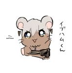  1boy :d absurdres animalization black_bow blue_eyes bow ear_piercing grey_hair hair_between_eyes hamster highres ibrahim_(nijisanji) looking_at_viewer male_focus nijisanji open_mouth piercing signature simple_background smile sofra solo striped striped_bow translation_request twitter_username virtual_youtuber white_background 