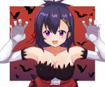 1girl :d absurdres ao_(flowerclasse) bare_shoulders bat blush breasts claw_pose cleavage commentary_request cosplay dress elbow_gloves fang feather-trimmed_gloves feather_trim frilled_dress frills gabriel_dropout gloves hair_between_eyes hair_ornament hair_ribbon hairclip hands_up highres kiss-shot_acerola-orion_heart-under-blade kiss-shot_acerola-orion_heart-under-blade_(cosplay) kizumonogatari large_breasts looking_at_viewer medium_breasts medium_hair monogatari_(series) open_mouth purple_eyes purple_hair red_dress red_ribbon ribbon sleeveless sleeveless_dress smile smug solo strapless strapless_dress tsukinose_vignette_april upper_body white_gloves x_hair_ornament 