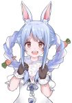  1girl :d animal_ear_fluff animal_ears bangs black_gloves blue_hair blue_ribbon braid bunny_ears carrot_hair_ornament commentary_request cray detached_sleeves don-chan_(usada_pekora) dress eyebrows_visible_through_hair food_themed_hair_ornament fur_trim gloves hair_ornament holding holding_hair hololive long_hair looking_at_viewer multicolored_hair open_mouth pom_pom_(clothes) puffy_short_sleeves puffy_sleeves ribbon short_sleeves sidelocks silver_hair simple_background smile solo thick_eyebrows twin_braids twintails two-tone_hair upper_body upper_teeth usada_pekora virtual_youtuber white_background white_dress 
