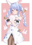  1girl :/ absurdres animal_ear_fluff animal_ears bare_shoulders black_gloves black_leotard blue_hair blush blush_stickers border bow bra braid brown_legwear bunny_background bunny_ears carrot carrot_hair_ornament closed_mouth commentary_request cowboy_shot crossed_wrists detached_sleeves dress extra_ears eyebrows_visible_through_hair food_themed_hair_ornament fur_scarf fur_trim gloves hair_bow hair_ornament highres hololive leotard long_hair looking_at_viewer multicolored_hair orange_eyes outside_border pantyhose pink_background pom_pom_(clothes) puffy_short_sleeves puffy_sleeves short_sleeves sidelocks silver_hair simple_background solo standing twin_braids twintails two-tone_hair underwear usada_pekora virtual_youtuber white_border white_bow white_dress yuuna_(vhux2273) 
