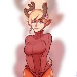  1:1 accessory anthro antlers battlerite blonde_hair blossom_(battlerite) bottomless braided_hair clothed clothing female flower flower_in_hair green_eyes hair hair_accessory hi_res horn plant short_hair single_braid smile solo sweater topwear unknown_artist young 