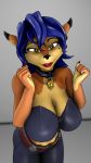  2020 3d_(artwork) 9:16 amber_eyes anthro black_body black_fur blue_hair breasts canid canine carmelita_fox clothing collar digital_media_(artwork) ear_piercing female fox fur grey_background hair hi_res lipstick looking_at_viewer makeup mammal mommyosha multicolored_body multicolored_fur narrowed_eyes orange_body orange_fur piercing simple_background sly_cooper_(series) smile solo sony_corporation sony_interactive_entertainment sucker_punch_productions topwear video_games yellow_body yellow_fur 