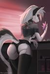  anthro bottomwear canid canid_demon canine clothing collar demon female fur grey_body grey_fur hellhound helluva_boss hi_res loona_(vivzmind) lynncore mammal phone solo spiked_collar spikes topwear white_body white_fur 