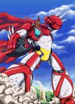  absurdres artist_name axe cape clenched_hand cloud dust english_commentary getter_robo highres holding holding_axe looking_up mecha no_humans science_fiction sharknob shin_getter-1 shin_getter_robo sky solo super_robot utility_pole watermark web_address yellow_eyes 