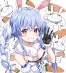  1girl animal_ear_fluff animal_ears bangs black_gloves blue_hair blue_ribbon blush bow bra braid breasts bunny-shaped_pupils bunny_background bunny_ears cleavage detached_sleeves don-chan_(usada_pekora) dress eyebrows_behind_hair food_themed_background fur_trim gloves grin ha_en hair_between_eyes hair_bow highres hololive long_hair looking_at_viewer multicolored_hair orange_eyes pom_pom_(clothes) puffy_short_sleeves puffy_sleeves ribbon short_sleeves sidelocks silver_hair simple_background small_breasts smile solo twin_braids twintails two-tone_hair underwear upper_body usada_pekora v virtual_youtuber white_background white_bow white_dress 