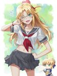  2girls artoria_pendragon_(all) bangs blonde_hair blush breasts fang fate/apocrypha fate/stay_night fate_(series) glasses green_eyes highres long_hair looking_at_viewer mordred_(fate) mordred_(fate)_(all) multiple_girls navel neckerchief one_eye_closed open_mouth parted_bangs saber sailor_collar school_uniform serafuku shirt sidelocks skirt small_breasts smile thighs tonee white_shirt 