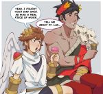  2boys blue_eyes brown_hair crossover english_text francisco_mon green_eyes hades_(game) heterochromia highres kid_icarus multiple_boys pit_(kid_icarus) short_hair smile wings zagreus_(hades) 