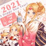  1girl 2021 2boys animal_print bitikara blonde_hair blue_eyes blush cow_print flower hair_bun japanese_clothes kimono link long_hair looking_at_viewer milk multiple_boys princess_zelda smile super_smash_bros. the_legend_of_zelda the_legend_of_zelda:_a_link_between_worlds the_legend_of_zelda:_ocarina_of_time the_legend_of_zelda:_the_wind_waker toon_link young_link 