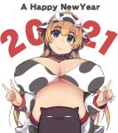  1girl 2021 absurdres animal_costume animal_ears animal_print bangs bell bikini blacksmith_(ragnarok_online) blonde_hair blue_eyes blush breasts chinese_zodiac choker cleavage closed_mouth commentary_request cow_costume cow_ears cow_girl cow_horns cow_print cow_tail cowbell detached_sleeves deviruchi english_text eyebrows_visible_through_hair eyes_visible_through_hair hair_between_eyes highres horns huge_breasts long_hair looking_at_viewer new_year plump print_bikini print_skirt ragnarok_online simple_background skirt smile solo_focus stomach swimsuit tail upper_body v very_long_hair white_background xration year_of_the_ox 