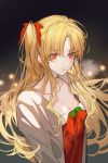  1girl arlizi bangs blonde_hair blush bow breasts christmas cleavage closed_mouth collarbone dark_background ear_piercing earrings ereshkigal_(fate/grand_order) eyebrows_visible_through_hair fate/grand_order fate_(series) hair_bow hair_ornament highres jewelry long_hair long_sleeves looking_at_viewer open_clothes parted_bangs piercing red_bow red_eyes red_ribbon ribbon simple_background solo sweat two_side_up upper_body 