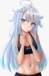  1girl ahoge amatsuka_uto aqua_hair bangs bare_arms bare_shoulders blue_eyes blush breasts cleavage collarbone eyebrows_visible_through_hair gradient_hair hair_ornament hairclip highres indie_virtual_youtuber kazenokaze looking_at_viewer multicolored_hair navel own_hands_together silver_hair small_breasts smile solo sports_bra stomach toned two_side_up upper_body virtual_youtuber wavy_mouth wing_hair_ornament 