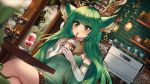  1girl :o animal_ear_fluff animal_ears antlers artist_name bangs cafe character_name coffee commission cup english_commentary eyebrows_visible_through_hair flower green_eyes green_hair haruka_karibu highres holding holding_cup indie_virtual_youtuber looking_down miyayosh moose_ears open_mouth parfait rose solo teacup virtual_youtuber watermark yellow_flower yellow_rose 