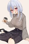  1girl absurdres bangs black_footwear black_skirt blush braid breasts cup disposable_cup ear_piercing eyebrows_visible_through_hair glasses grey_sweater hair_between_eyes hair_over_shoulder hakase_fuyuki highres holding holding_cup jewelry large_breasts loafers long_hair long_sleeves looking_at_viewer low_twintails nijisanji open_mouth piercing pink_nails plaid plaid_skirt red_eyes ribbed_sweater ring round_eyewear shoes silver_hair simple_background sitting skirt smile solo sweater twin_braids twintails tyoko_tanuki16 v-shaped_eyebrows virtual_youtuber white_background white_legwear yokozuwari 