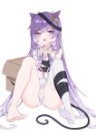  1girl :o absurdres ass black_ribbon blurry bound box breath cameltoe cardboard_box cat_tail feet genshin_impact hair_ears hair_ornament highres keqing knees_up long_hair looking_at_viewer off_shoulder open_mouth panties purple_eyes purple_hair restrained ribbon saliva shirt short_sleeves simple_background single_thighhigh solo tail thighhighs thighs twintails underwear verslll very_long_hair white_background white_legwear white_panties white_shirt 