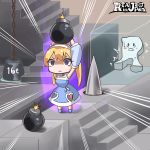  1girl arms_up bare_shoulders blonde_hair blue_dress bomb chibi clothing_cutout copyright_name detached_sleeves dress heart_cutout holding holding_bomb monikano purple_eyes rta-chan rta_in_japan spike stairs twintails weight 