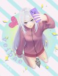  1girl artist_name blue_eyes blush cat cellphone character_name heart holding holding_phone indie_virtual_youtuber jacket logo long_hair looking_up no_pants parted_lips phone senoka smartphone smile solo thighhighs track_jacket twitch.tv vei_(vtuber) very_long_hair virtual_youtuber white_hair 