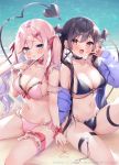 2girls :d ayuma_sayu bare_shoulders beach bikini black_bikini black_choker black_hair blue_eyes breasts choker cleavage collarbone demon_tail fang finger_to_mouth frilled_bikini frills front-tie_bikini front-tie_top halterneck hand_up jacket large_breasts long_hair long_sleeves looking_at_viewer multi-strapped_bikini multiple_girls nail_polish navel off_shoulder open_clothes open_jacket open_mouth original pink_bikini pink_hair purple_jacket red_choker red_eyes sitting smile stomach string_bikini swimsuit tail thigh_strap thighs tongue tongue_out twintails very_long_hair water wavy_hair 