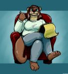  2021 4_toes 5_fingers anthro big_breasts blue_eyes breasts brown_body brown_fur brown_hair chair claws clothed clothing crossed_legs danji-isthmus digital_media_(artwork) female fingers fur furniture hair hi_res jewelry lined_paper long_hair looking_at_viewer lutrine mammal mustelid necklace notebook pen simple_background sitting slightly_chubby smile solo tagme therapist toe_claws toes topwear 