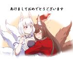  2girls :d alcohol amagi_(azur_lane) animal_ears aqua_eyes arm_up azur_lane bangs blunt_bangs blush breasts brown_hair cleavage commentary_request cup drunk eyebrows_visible_through_hair eyeshadow fox_ears fox_girl fox_tail holding holding_cup hug japanese_clothes kaga_(azur_lane) kyuubi long_hair looking_at_another makeup multiple_girls multiple_tails open_mouth sakazuki sake short_hair sidelocks simple_background smile steed_(steed_enterprise) sweat tail translation_request white_background white_hair wide_sleeves 