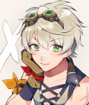  1boy arm_scarf bandaid bandaid_on_nose bangs bennett_(genshin_impact) brown_gloves d7d0ca eyebrows_visible_through_hair genshin_impact gloves goggles goggles_on_head green_eyes grey_background grey_hair hair_ribbon head_rest highres male_focus ribbon simple_background sleeveless smile solo 