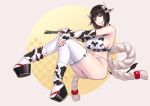  1girl animal_ears animal_print arm_warmers ass bangs black_hair braid breasts checkered chinese_zodiac commentary_request cow_ears cow_girl cow_horns cow_print cow_tail detached_sleeves fan folding_fan highres horns large_breasts looking_at_viewer mole mole_under_mouth original sitting skindentation solo tail thighhighs year_of_the_ox yuuji_(and) 