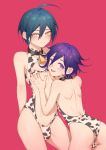  2boys :d absurdres ahoge animal_print arm_behind_back artist_name ass backless_outfit bangs blue_hair blush brown_collar bulge collar covered_collarbone cow_print danganronpa_(series) danganronpa_v3:_killing_harmony ewa_(seraphhuiyu) from_behind hair_between_eyes hands_on_another&#039;s_chest highres leotard looking_at_viewer looking_back male_focus multiple_boys neck_bell open_mouth otoko_no_ko ouma_kokichi pink_background pink_nails purple_eyes purple_hair revealing_clothes saihara_shuuichi simple_background smile upper_teeth yaoi yellow_eyes 