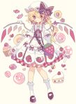  1girl adapted_costume bag beige_background blonde_hair blush bobby_socks bow bright_pupils cake candy checkerboard_cookie commentary cookie crystal cupcake dress earrings flandre_scarlet flower_earrings food food_print food_themed_earrings full_body hat hat_bow highres jam_cookie jewelry lollipop long_hair long_sleeves looking_at_viewer macaron mob_cap neck_ribbon nikorashi-ka pointy_ears red_bow red_eyes red_footwear red_neckwear ribbon shoes shoulder_bag side_ponytail simple_background socks solo strawberry_bag strawberry_earrings strawberry_print strawberry_shortcake sweets swirl_lollipop swiss_roll touhou white_dress white_headwear white_legwear wide_sleeves wing_bow wings wrapped_candy 