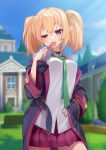  1girl :p bangs blonde_hair blurry blurry_background blush breasts candy chloe_(princess_connect!) collared_shirt commentary_request cowboy_shot day depth_of_field food green_neckwear hand_in_pocket hand_up holding jacket lollipop long_hair long_sleeves looking_at_viewer mofu_namako necktie off_shoulder open_clothes open_jacket open_mouth plaid plaid_skirt pleated_skirt pointy_ears princess_connect! princess_connect!_re:dive purple_eyes purple_skirt red_skirt shirt skirt solo tongue tongue_out twintails untucked_shirt 