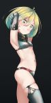  1girl armor arms_behind_head arms_up bangs bikini_armor black_background breasts closed_mouth comah commentary_request eyebrows_visible_through_hair from_side green_eyes green_hair grey_legwear hair_between_eyes highres looking_at_viewer looking_to_the_side navel original short_hair simple_background single_thighhigh skindentation small_breasts smile solo thighhighs 