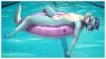  2021 anthro blue_eyes blue_hair border digital_media_(artwork) dragon female freckles genitals hair hi_res horn looking_at_viewer nipples nude partially_submerged pussy short_hair signature skipsy skipsy_dragon_(character) smile solo swimming_pool water white_border wingless_dragon 