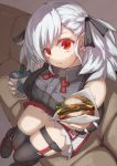  1girl asymmetrical_hair braid breasts bubble_tea food girls_frontline giving hamburger incoming_food large_breasts looking_at_viewer looking_up medium_hair osabachan red_eyes sidelocks skindentation solo spas-12_(girls_frontline) sweatdrop twintails white_hair 