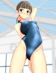  1girl absurdres ass_visible_through_thighs bangs black_hair blue_swimsuit blunt_bangs clock commentary_request competition_swimsuit cowboy_shot from_below green_eyes highres indoors long_hair looking_at_viewer low_ponytail one-piece_swimsuit original solo speedo_(company) swimsuit takafumi window 