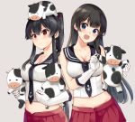  2girls agano_(kantai_collection) anchor_symbol bangs black_hair blush breasts cleavage closed_mouth elbow_gloves eyebrows_visible_through_hair gloves grey_background hair_between_eyes holding holding_stuffed_toy ichinomiya_(blantte) kantai_collection large_breasts long_hair midriff multiple_girls navel necktie on_head open_clothes open_mouth ponytail red_eyes red_skirt sailor_collar school_uniform serafuku sidelocks simple_background skirt smile stuffed_animal stuffed_cow stuffed_toy sweat white_gloves yahagi_(kantai_collection) 