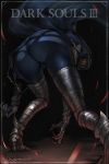  1girl absurdres armor ass bent_over bodysuit cameltoe chain dancer_of_the_boreal_valley dark_souls dark_souls_iii english_text gauntlets glowing glowing_eye helmet high_heels highres looking_at_viewer looking_back lxkate mask skin_tight solo souls_(from_software) veil 