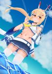  1girl ayanami_(azur_lane) azur_lane bandaid bandaid_on_arm bangs bare_shoulders belt blonde_hair blue_sailor_collar blue_skirt blue_sky blush breasts cloud collarbone commentary_request cowboy_shot crop_top day detached_sleeves dutch_angle eyebrows_visible_through_hair floating_hair groin hair_between_eyes hair_ornament headgear high_ponytail highres long_hair looking_to_the_side midriff navel neckerchief ocean orange_eyes outdoors parted_lips pleated_skirt ponytail retrofit_(azur_lane) rigging sailor_collar searchlight shirt sidelocks skindentation skirt sky sleeveless sleeveless_shirt small_breasts solo standing thighhighs turret underboob utsuro_(lyons) v wading white_belt white_legwear white_shirt white_sleeves wide_sleeves yellow_neckwear zettai_ryouiki 