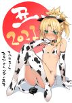  1girl animal_ears animal_print bangs bell bell_collar bikini blonde_hair blush braid breasts chinese_zodiac collar commentary_request cow_ears cow_horns cow_print cow_tail elbow_gloves embarrassed fake_animal_ears fake_horns fake_tail fate/apocrypha fate_(series) flying_sweatdrops gloves green_eyes highres horns mordred_(fate) mordred_(fate)_(all) namonashi nose_blush parted_bangs ponytail short_hair side-tie_bikini sidelocks sitting small_breasts solo spiked_hair swimsuit tail thighhighs translation_request white_background year_of_the_ox 