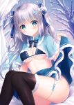  1girl :o bangs bare_tree bikini blue_bikini blue_bow blue_capelet blue_eyes blue_skirt blush bow breasts capelet commentary_request curtains eyebrows_visible_through_hair feet_out_of_frame frilled_bikini frills fur-trimmed_capelet fur-trimmed_legwear fur-trimmed_skirt fur_trim hair_between_eyes hair_bow highres kohinata_hoshimi lifted_by_self long_hair looking_at_viewer medium_breasts no_panties original parted_lips silver_hair sitting skirt skirt_lift snow snowing solo swimsuit thighhighs tree two_side_up very_long_hair 