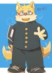  2021 absurd_res anthro biped blue_eyes blush bottomwear brown_body brown_fur canid canine canis clothing domestic_dog eyewear fur glasses green_bell hi_res humanoid_hands kemono male mammal pants simple_background solo 
