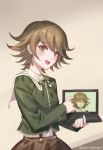  1boy :d alter_ego artist_name bangs beige_background blush brown_eyes brown_hair brown_skirt closed_eyes computer cowboy_shot crossdressing danganronpa:_trigger_happy_havoc danganronpa_(series) ewa_(seraphhuiyu) fujisaki_chihiro green_shirt grin highres holding holding_laptop laptop long_sleeves looking_at_viewer male_focus open_mouth otoko_no_ko pointing ribbon shirt short_hair skirt smile symbol_commentary 