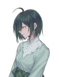  1girl ahoge bangs black_hair blouse breasts brown_eyes closed_mouth collared_shirt commentary_request danganronpa_(series) danganronpa_v3:_killing_harmony ewa_(seraphhuiyu) from_side genderswap genderswap_(mtf) green_hair green_skirt grey_background hair_between_eyes highres long_sleeves looking_away looking_down medium_breasts parted_lips profile saihara_shuuichi shirt short_hair simple_background skirt solo upper_body white_background white_shirt yellow_eyes 